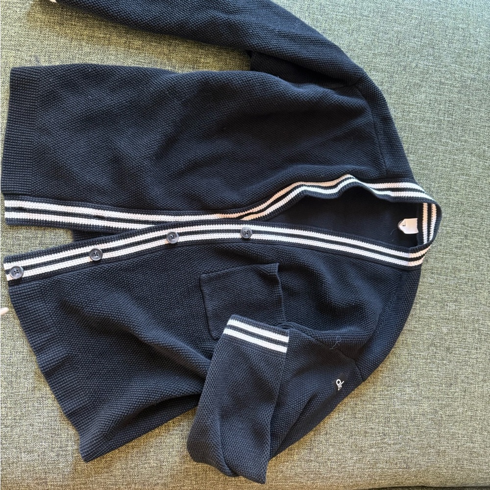 Navy Blue Cardigan with Striped Trim